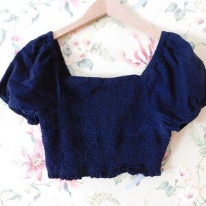 Smocked Navy Blue Balloon Sleeves Top